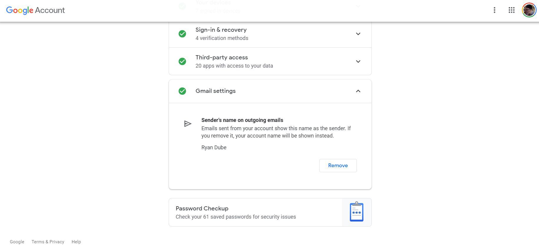 Screenshot nastavení Gmailu v nástroji pro kontrolu zabezpečení Google