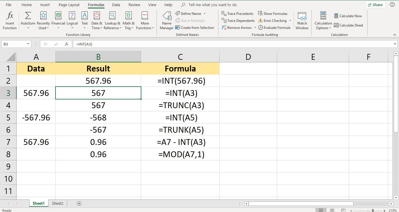 Screenshot aplikace Excel zobrazující vzorec INT