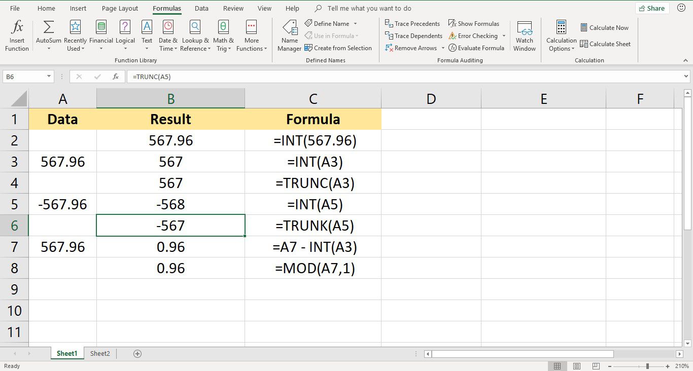 Screenshot aplikace Excel zobrazující funkci TRUNC