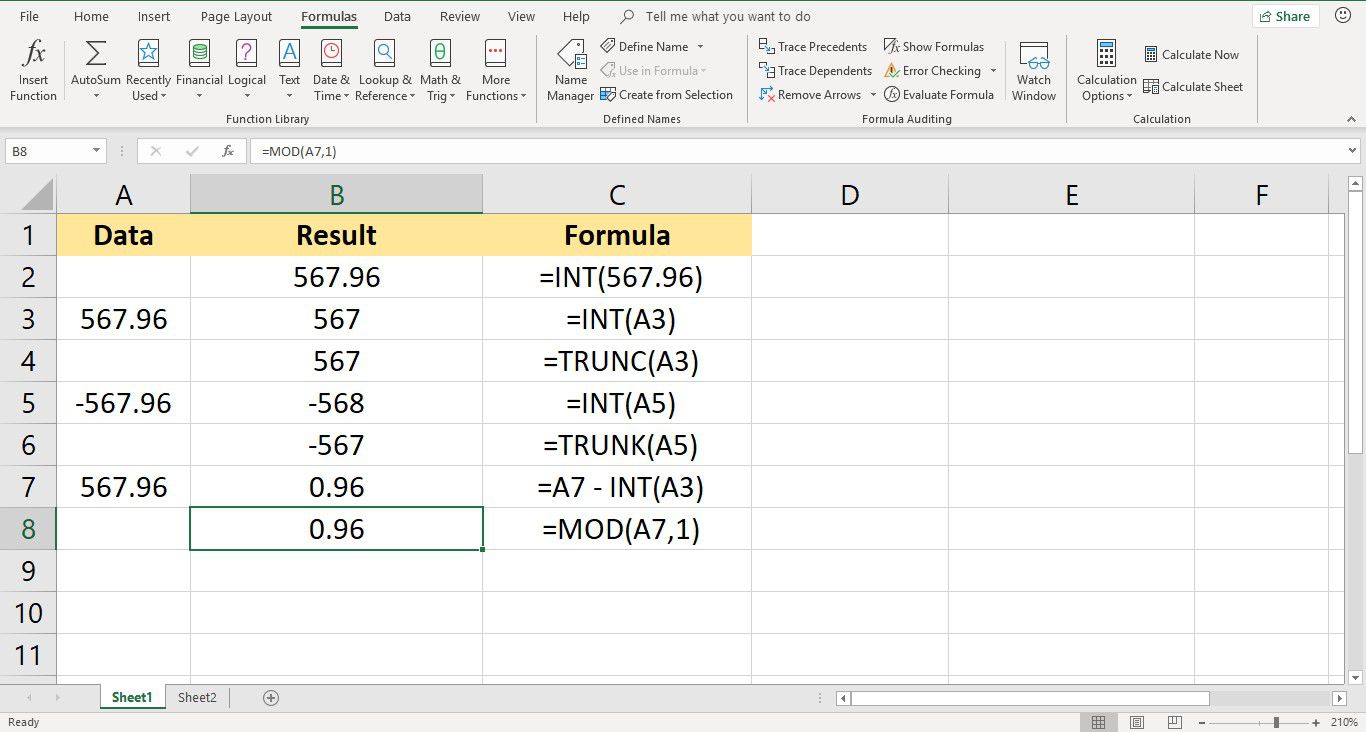 Screenshot aplikace Excel zobrazující funkci MOD