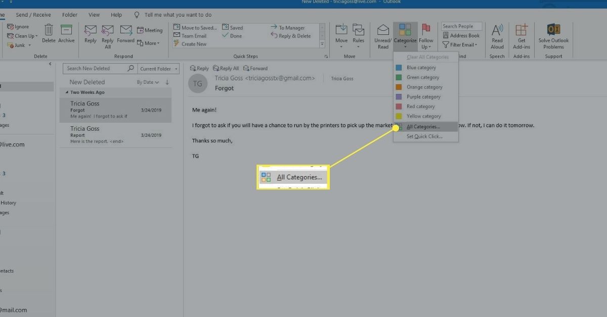 Možnost Všechny kategorie v seznamu Kategorie aplikace Outlook