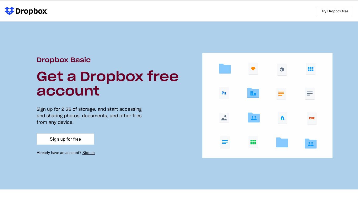 Dropbox Basic bezplatný web pro hostování fotografií