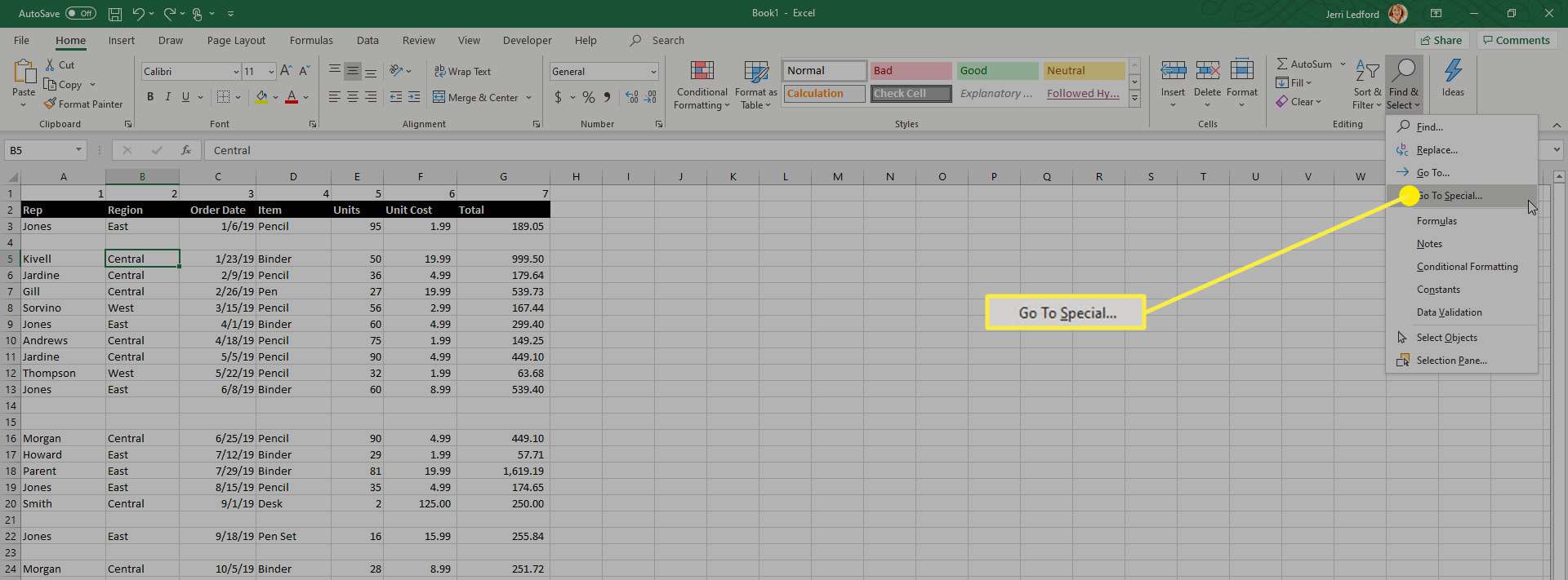 Možnost Přejít na speciální v aplikaci Microsoft Excel.