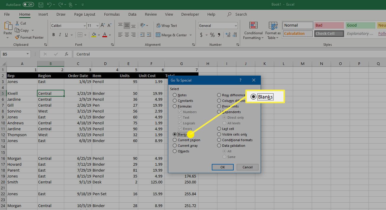 Možnost Prázdné v dialogovém okně Přejít na speciální v aplikaci Microsoft Excel.