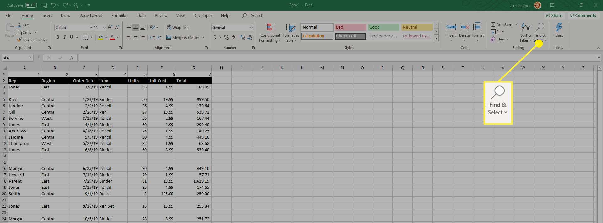 Možnost Najít a vybrat v aplikaci Microsoft Excel.