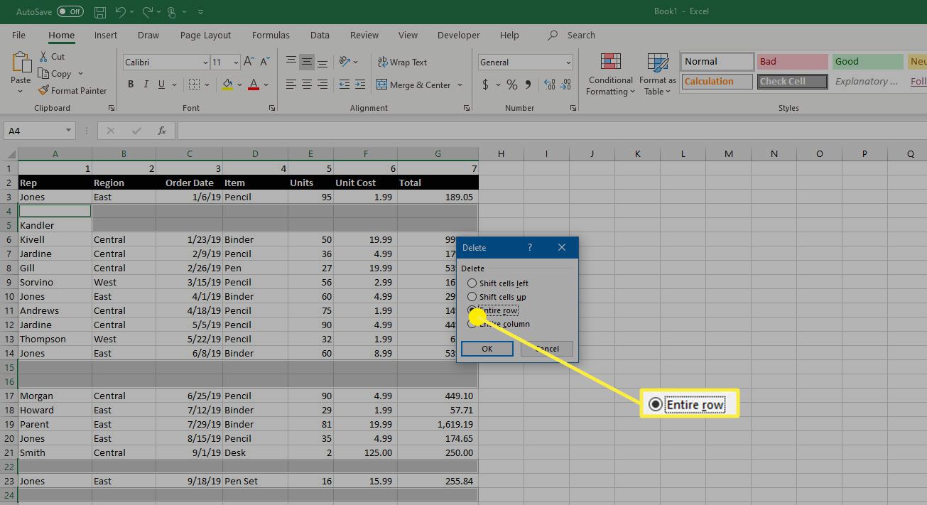 Možnost Celé řádky v dialogovém okně Odstranit v aplikaci Microsoft Excel.