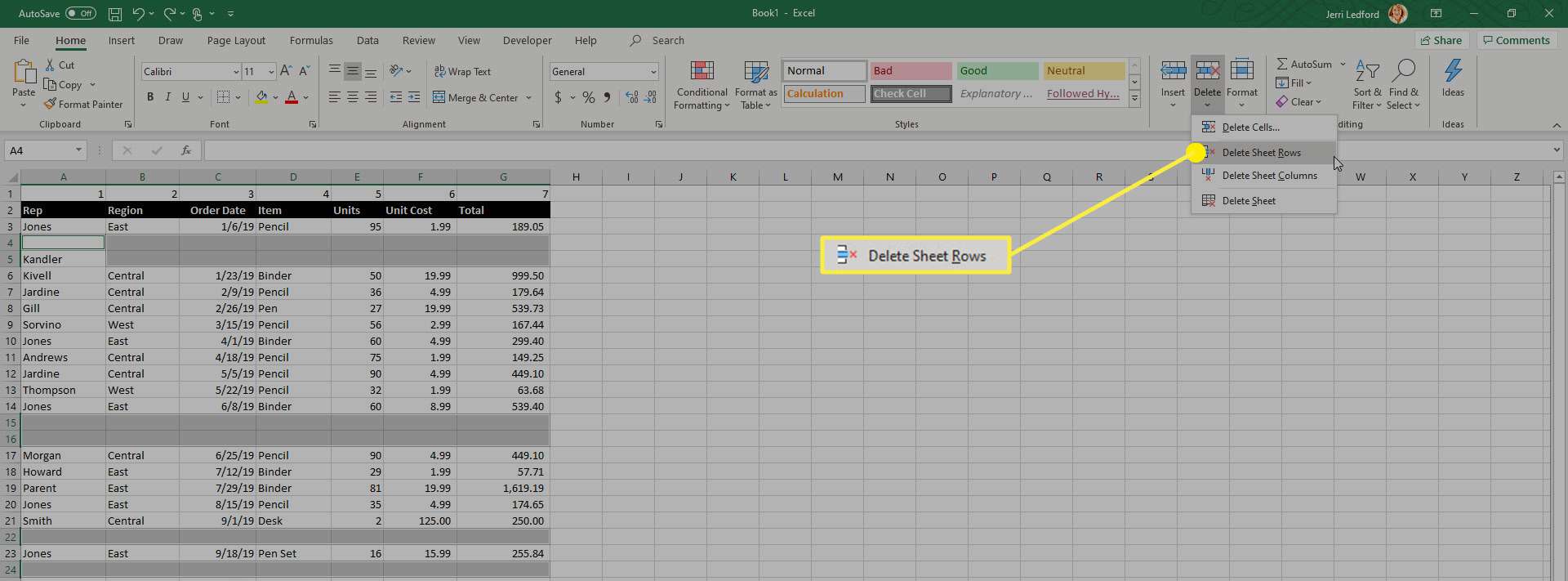 Možnost Odstranit řádky listu v aplikaci Microsoft Excel.