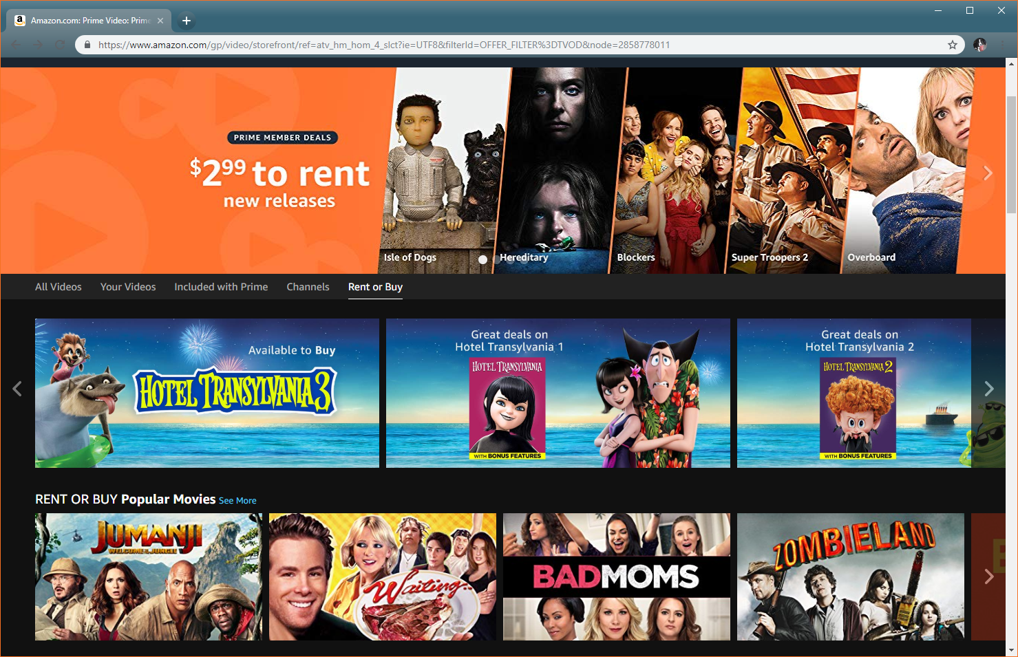 Snímek obrazovky Amazon Video zobrazující filmy k vypůjčení nebo koupi.