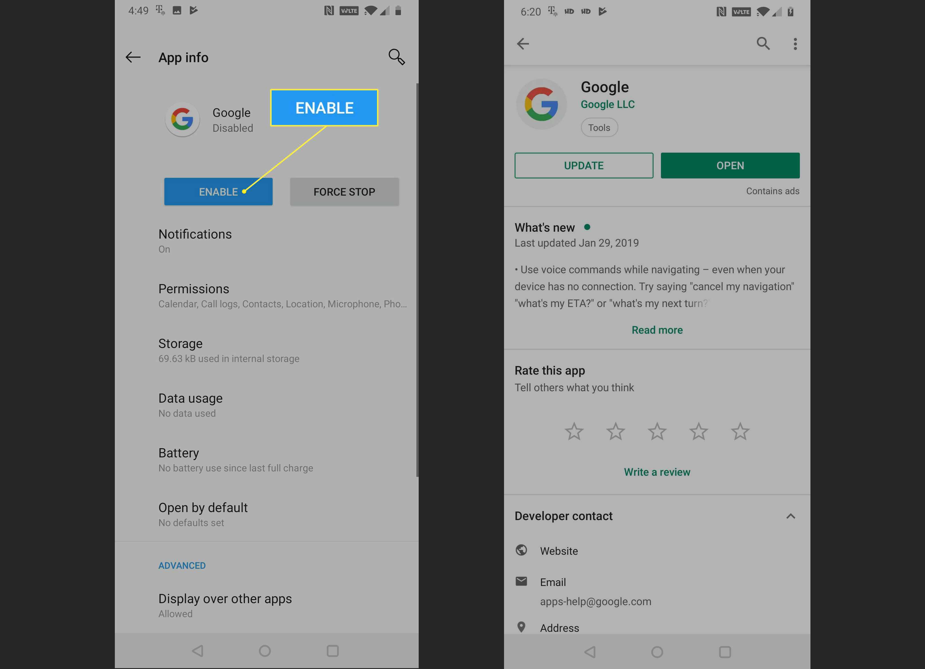 Aplikace Google Možnost Povolit a aplikace Google v Obchodu Google Play