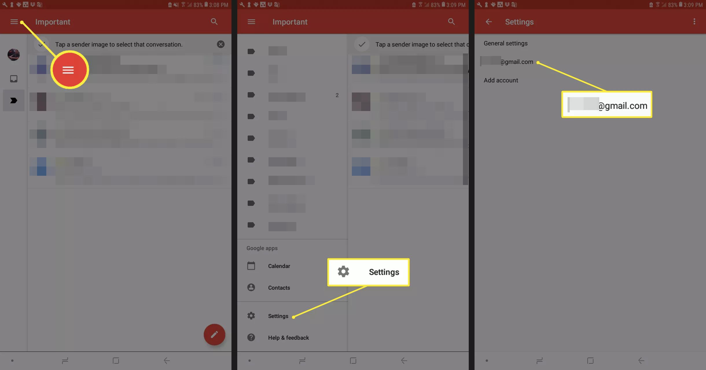 Tlačítko Nabídka, tlačítko Nastavení a účet Gmail v Nastavení Gmailu pro Android