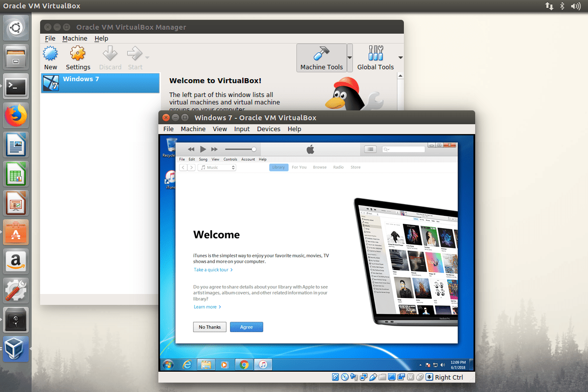 iTunes v Linuxu běžící přes virtuální stroj Windows 7 přes VirtualBox