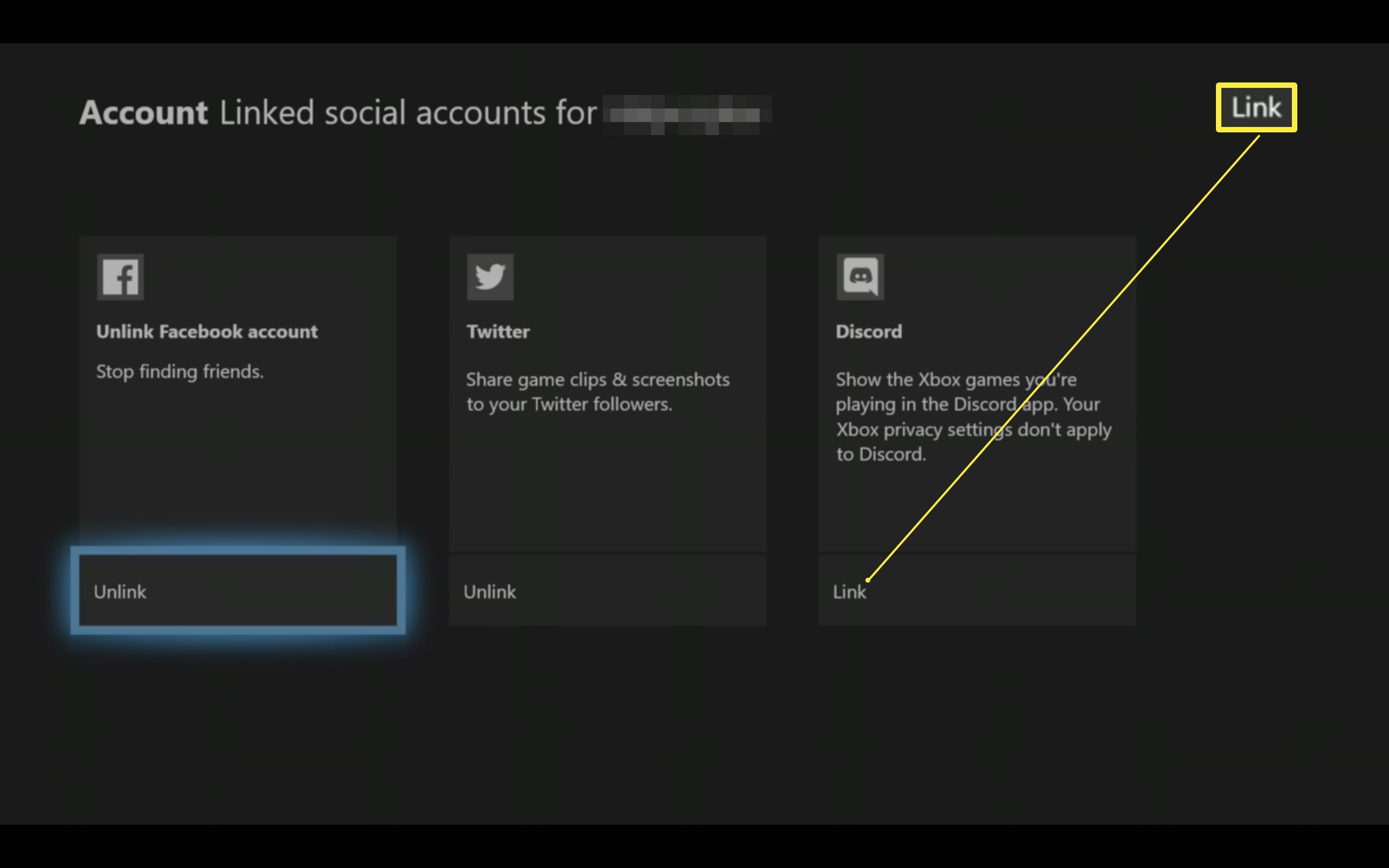 Nastavení propojených sociálních účtů Xbox One se zvýrazněným Discord - Link