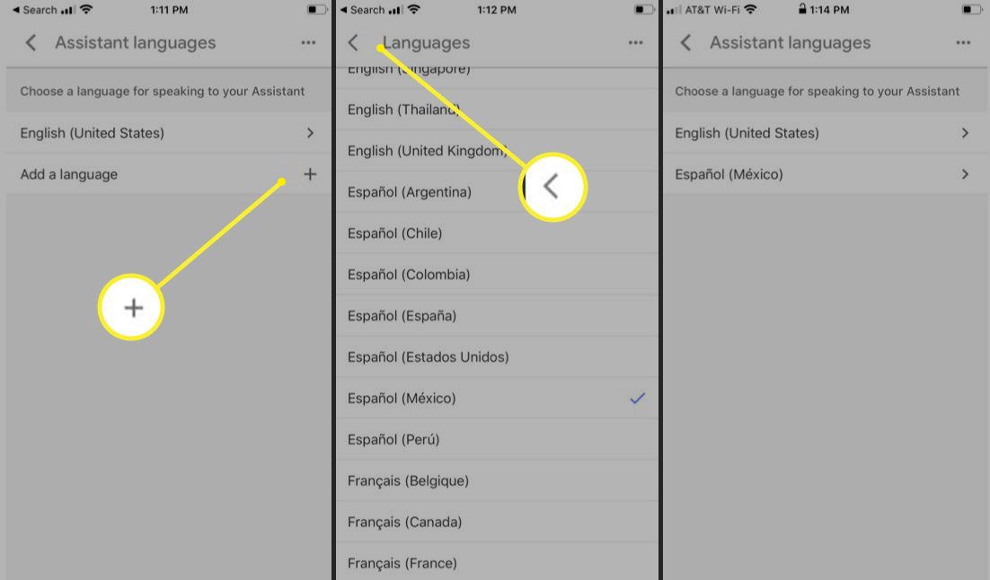 Nastavení Google Assistant se zvýrazněnou možností Přidat jazyk a šipkou zpět
