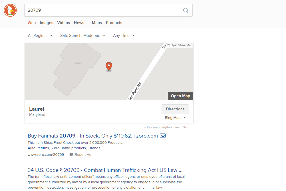 informace o PSČ nalezené v DuckDuckGo