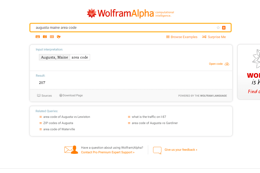 Vyhledávání kódů oblasti Wolfram Alpha