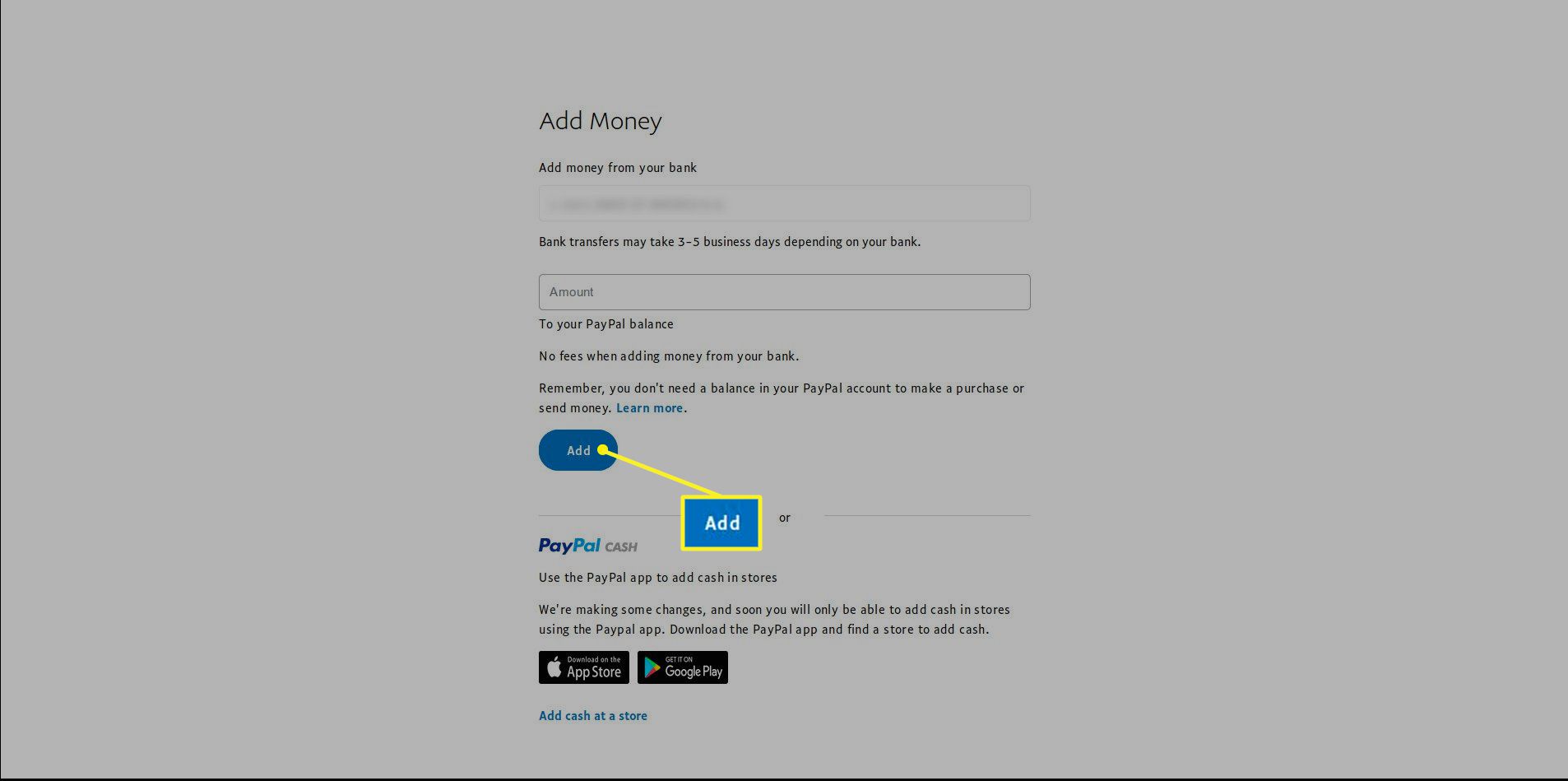 Obrazovka Přidat peníze PayPal