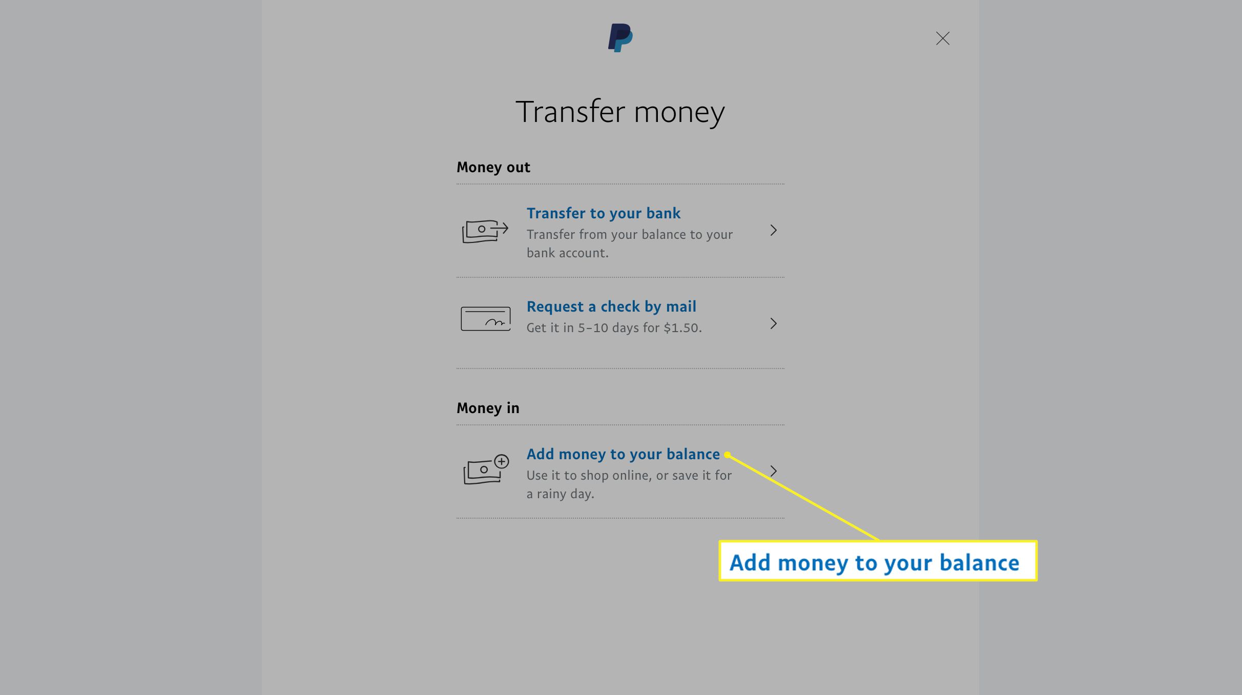 PayPal se zvýrazněním Přidat peníze k vašemu zůstatku