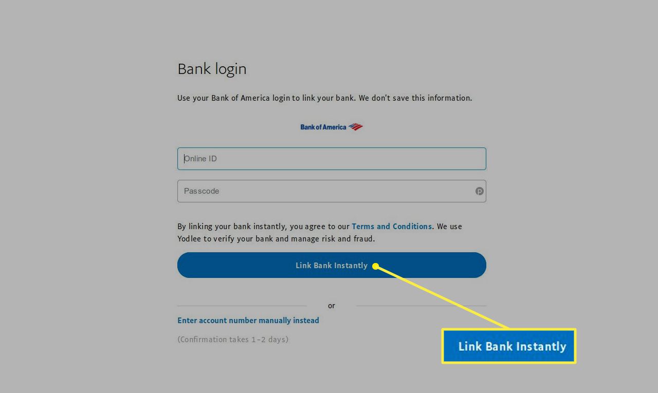 Přihlašovací obrazovka banky na PayPal s okamžitě zvýrazněnou Link Bank