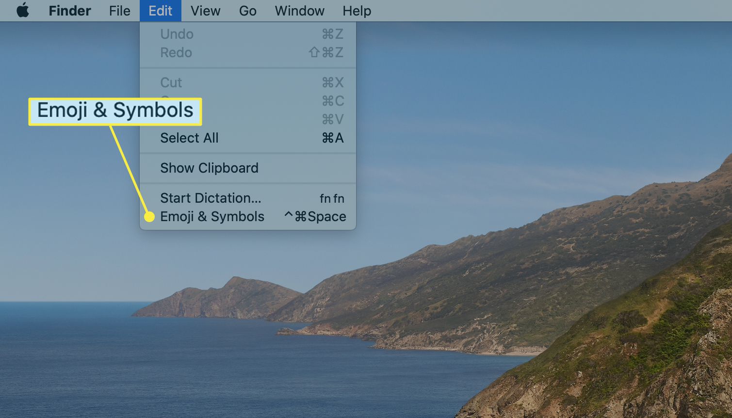 Možnost Emodži a symboly z nabídky Úpravy v systému macOS