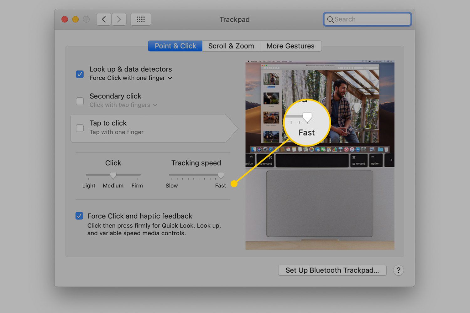 Rychlost sledování v nastavení Trackpadu na Macu