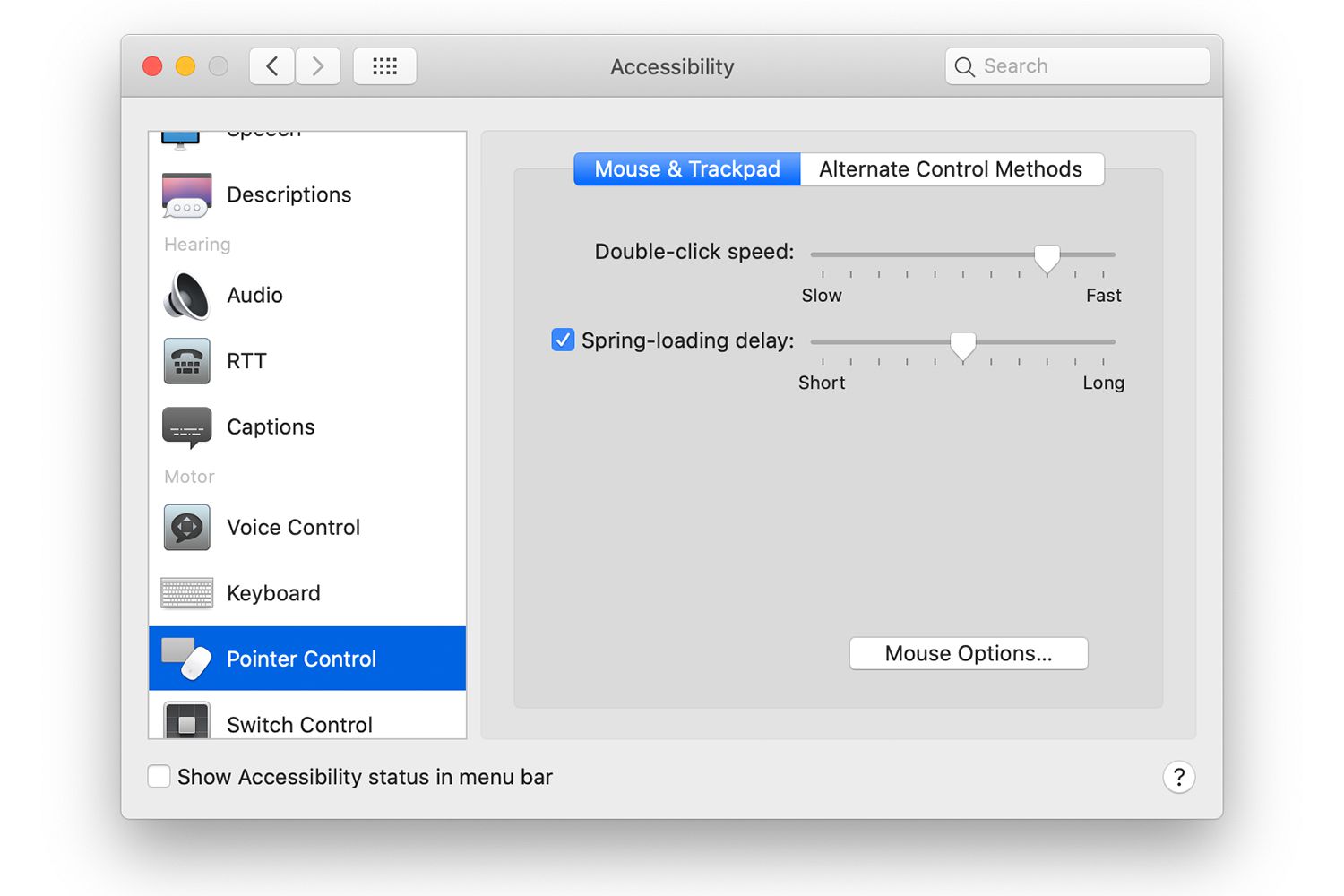 Ovládání ukazatele v předvolbách systému Mac