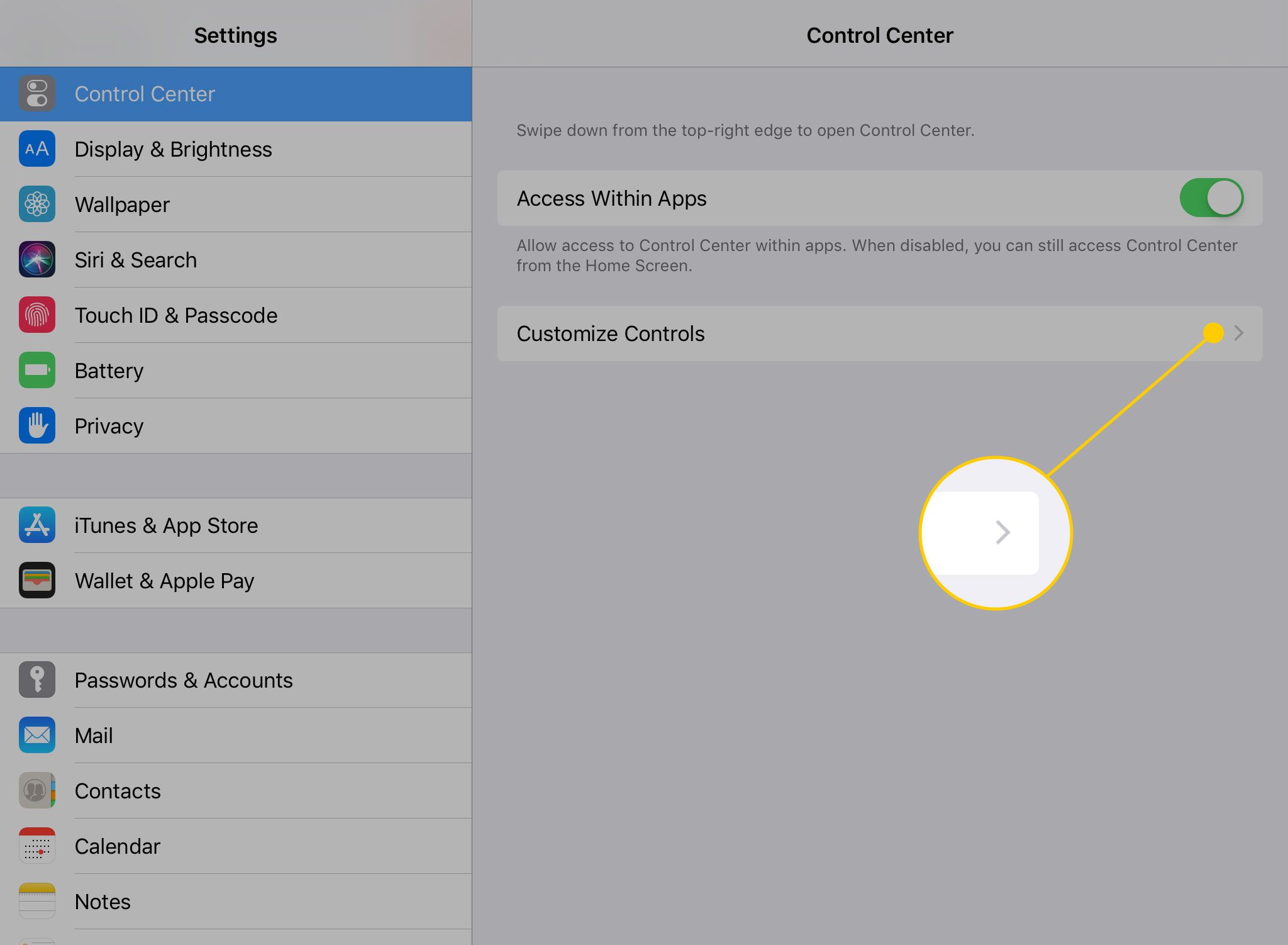 Nastavení aplikace iPad Control Center se zvýrazněným nadpisem Přizpůsobit ovládací prvky