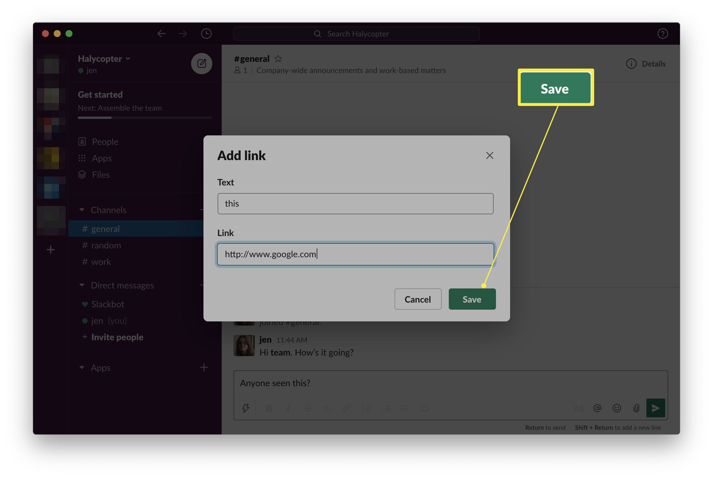 Aplikace Slack se zvýrazněným Add Link a zobrazeným boxem Save