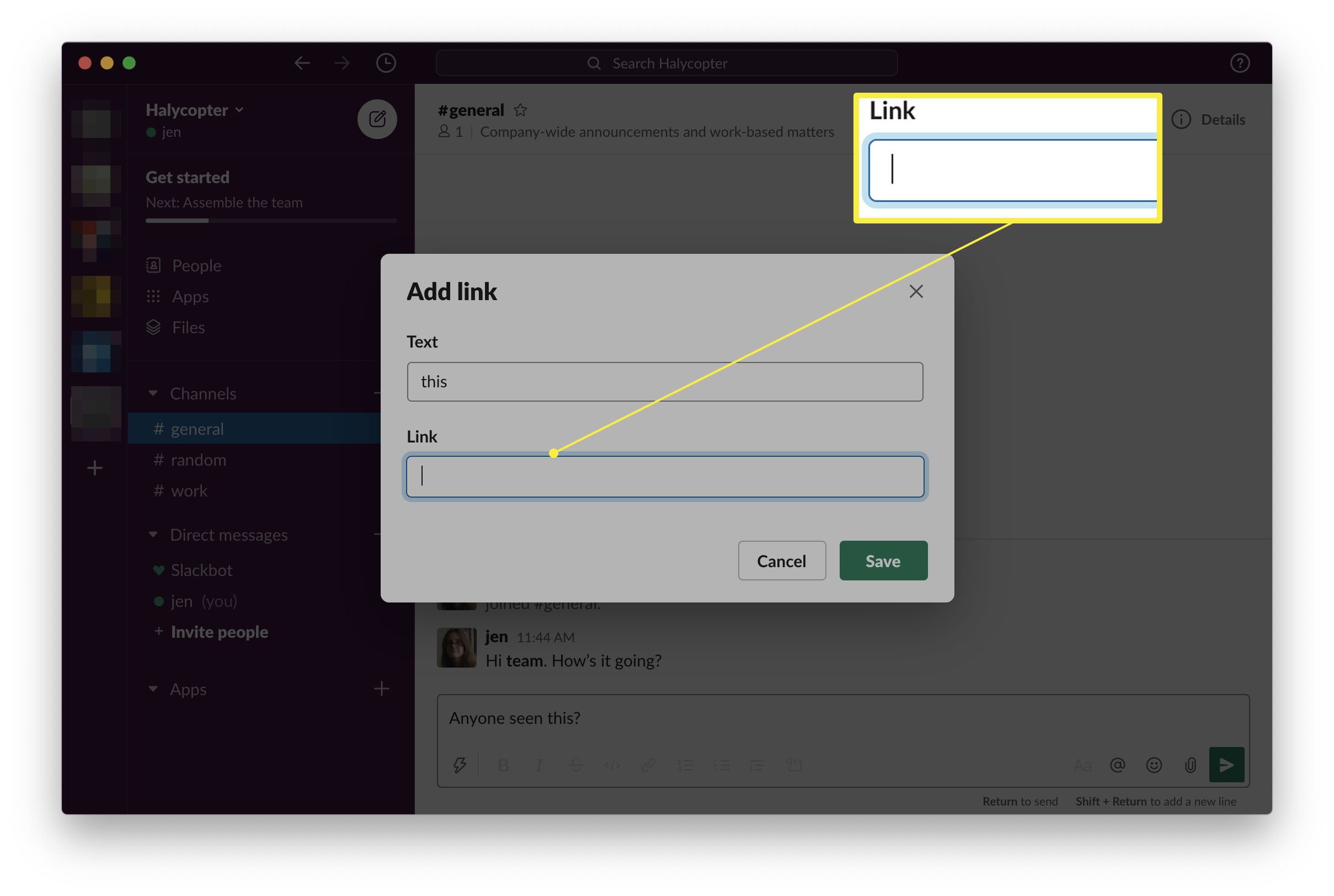 Aplikace Slack se zobrazeným dialogovým oknem Přidat odkaz