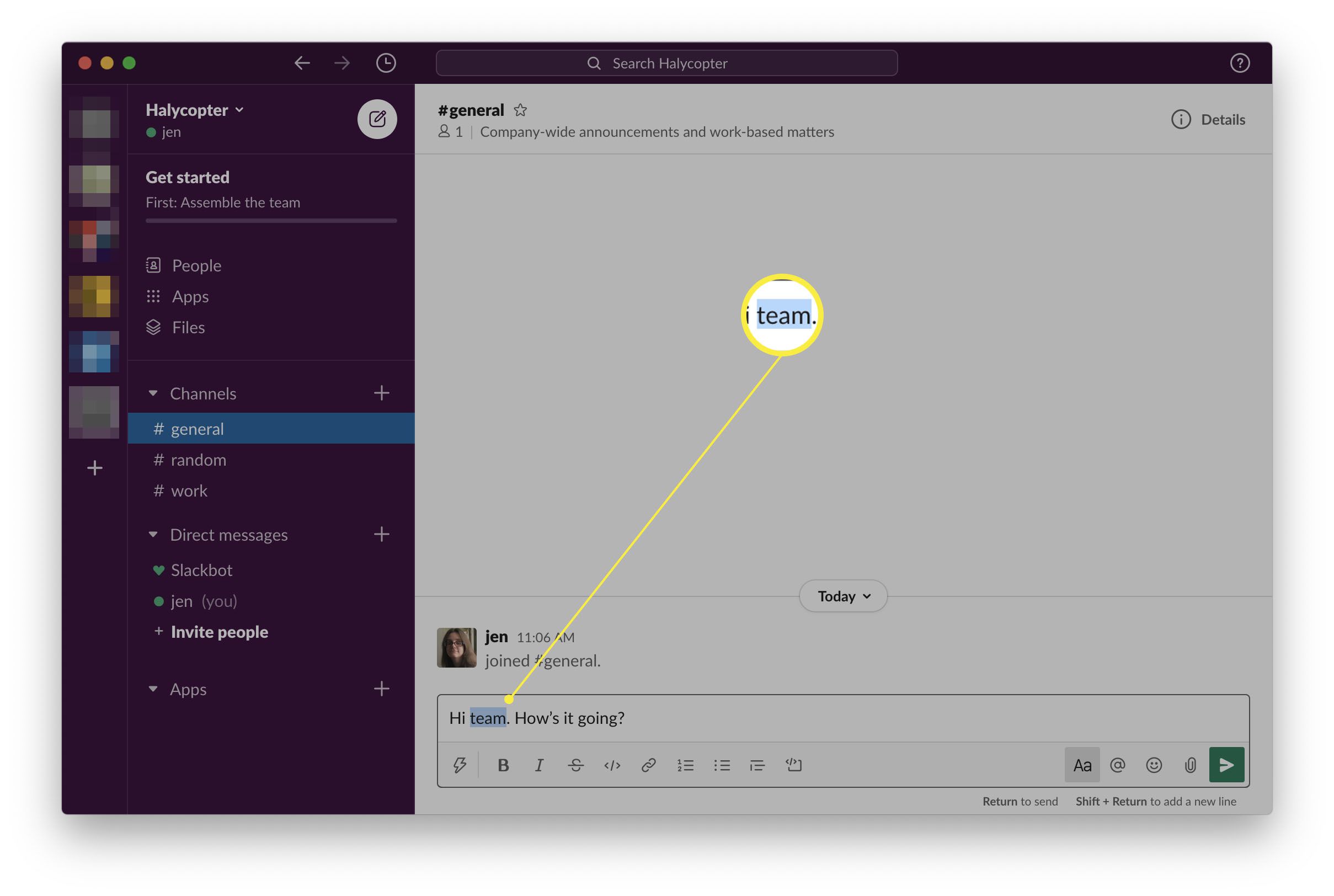 Aplikace Slack se slovem zvýrazněným na chatovací liště