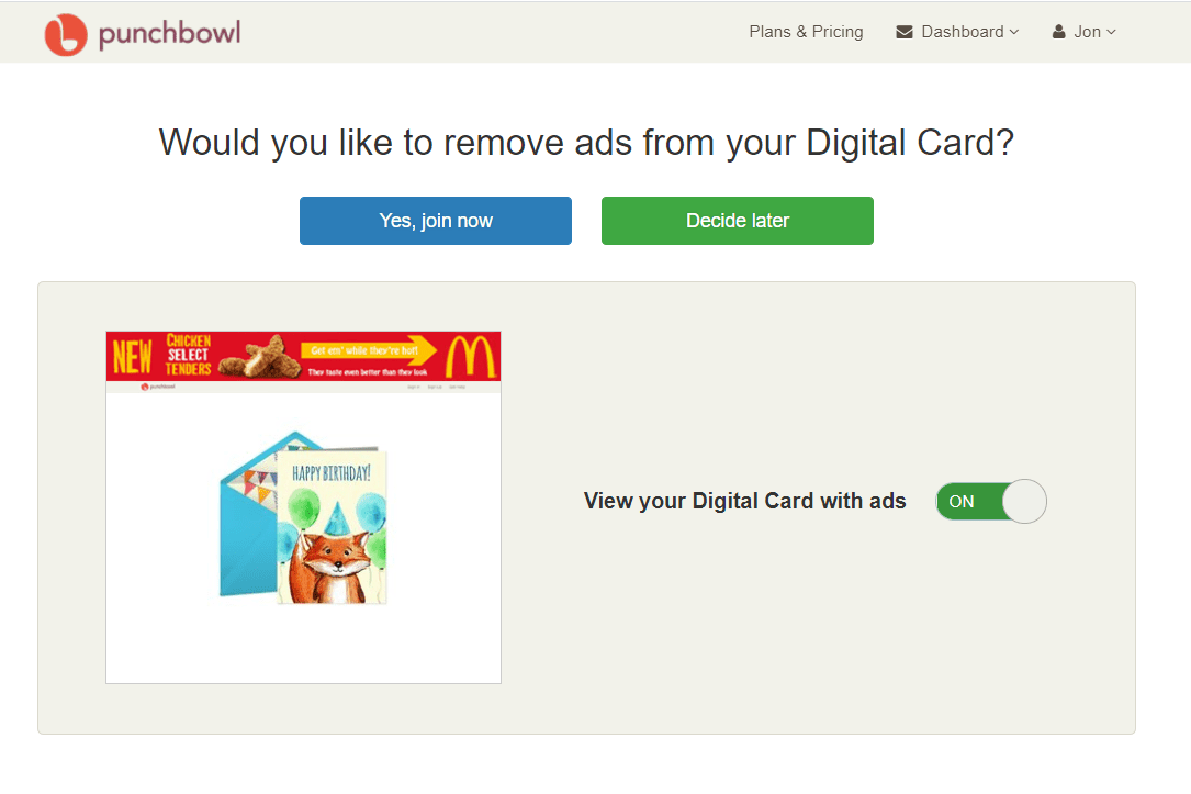 Možnost odebrat reklamy pomocí digitální karty Punchbowl