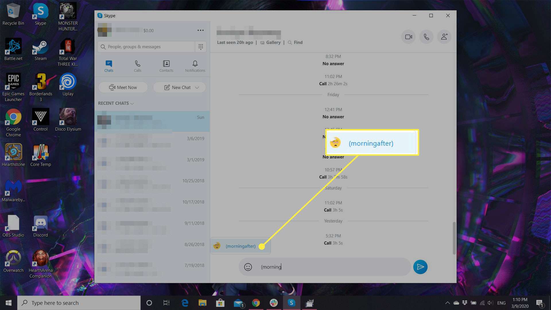 Snímek obrazovky Skype zobrazující zástupce Emoji