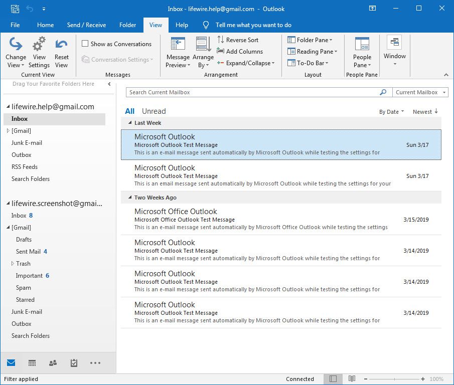 Outlook 2016 s vypnutým podoknem čtení