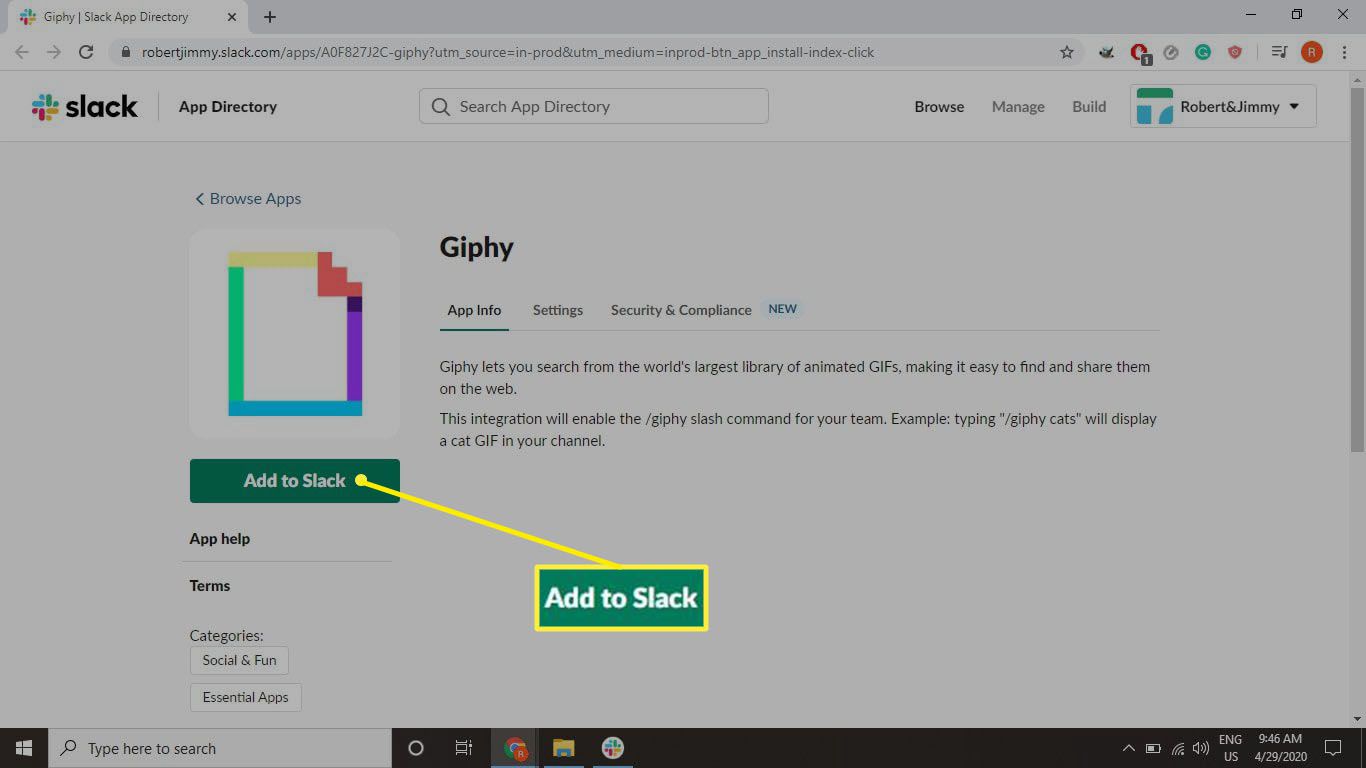 Na stránce aplikace Giphy vyberte Add to Slack.