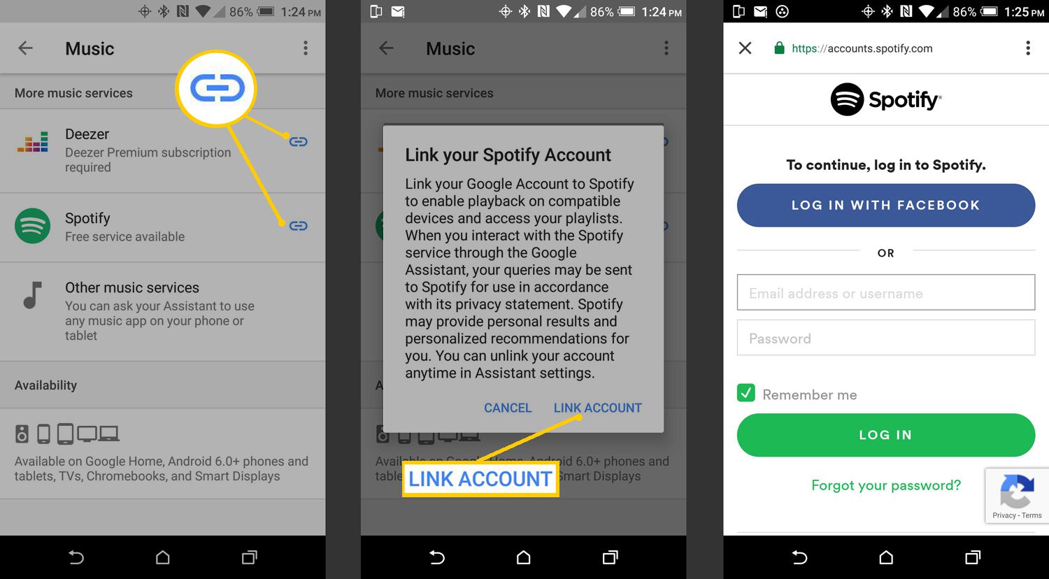 Aplikace Google Home - Odkazová hudební služba - Příklad Spotify