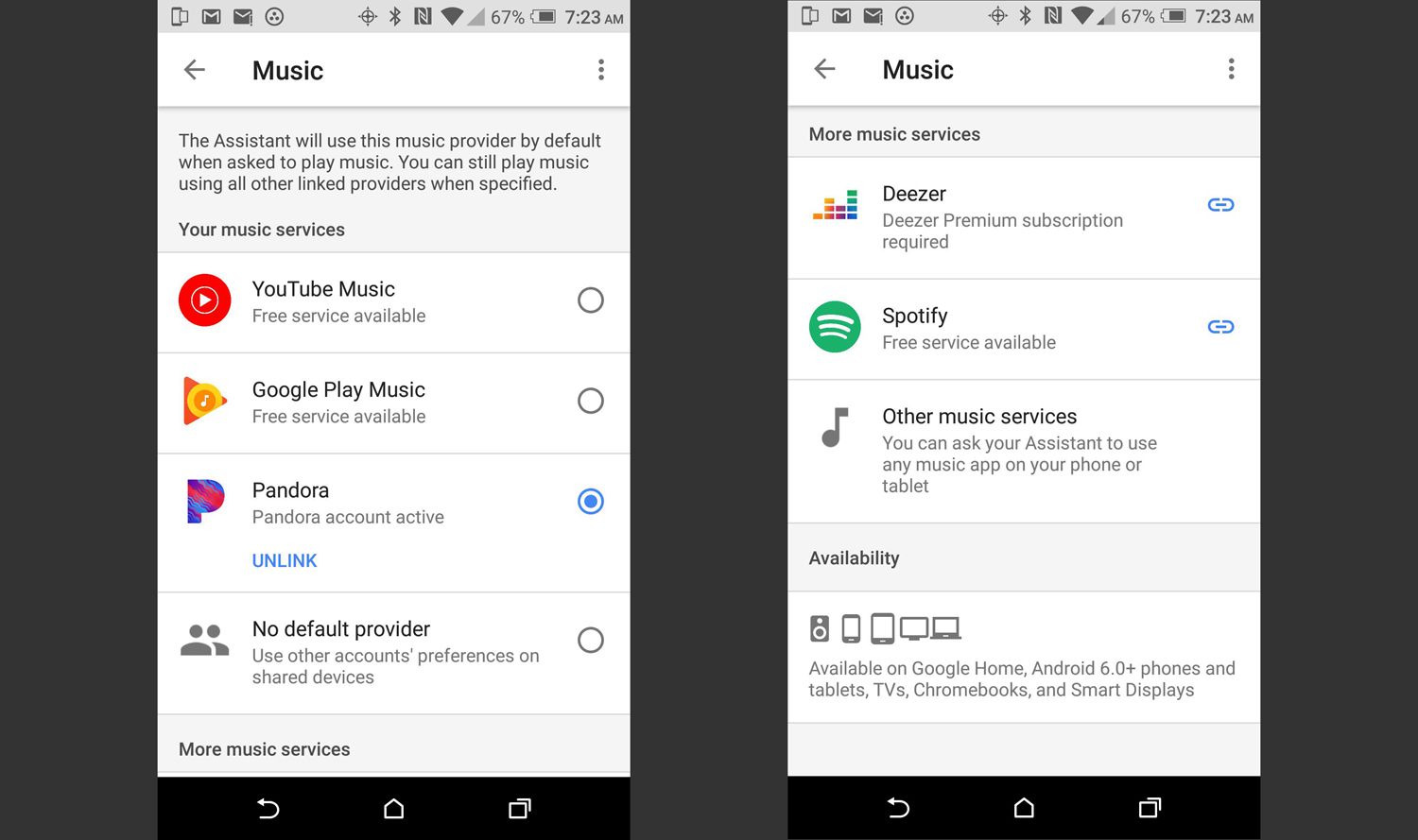 Aplikace Google Home - dostupné hudební služby