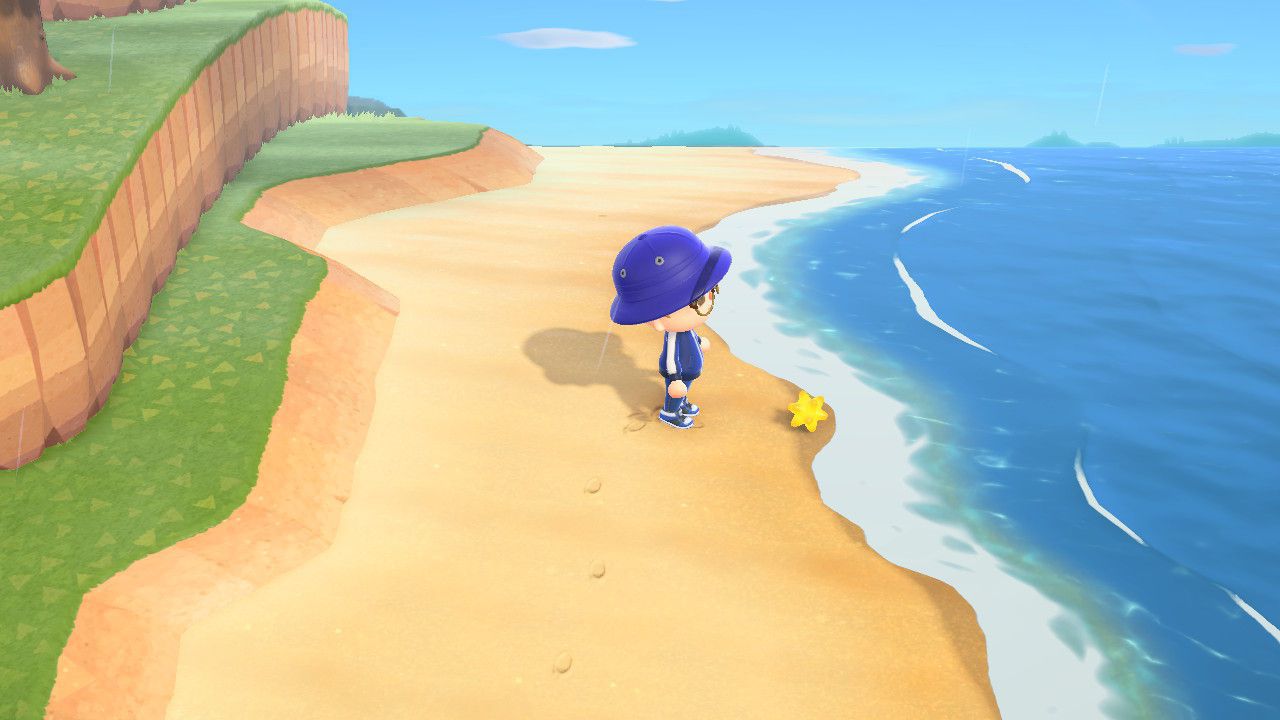 Fragmenty hvězd na pláži ve hře Animal Crossing: New Horizons.