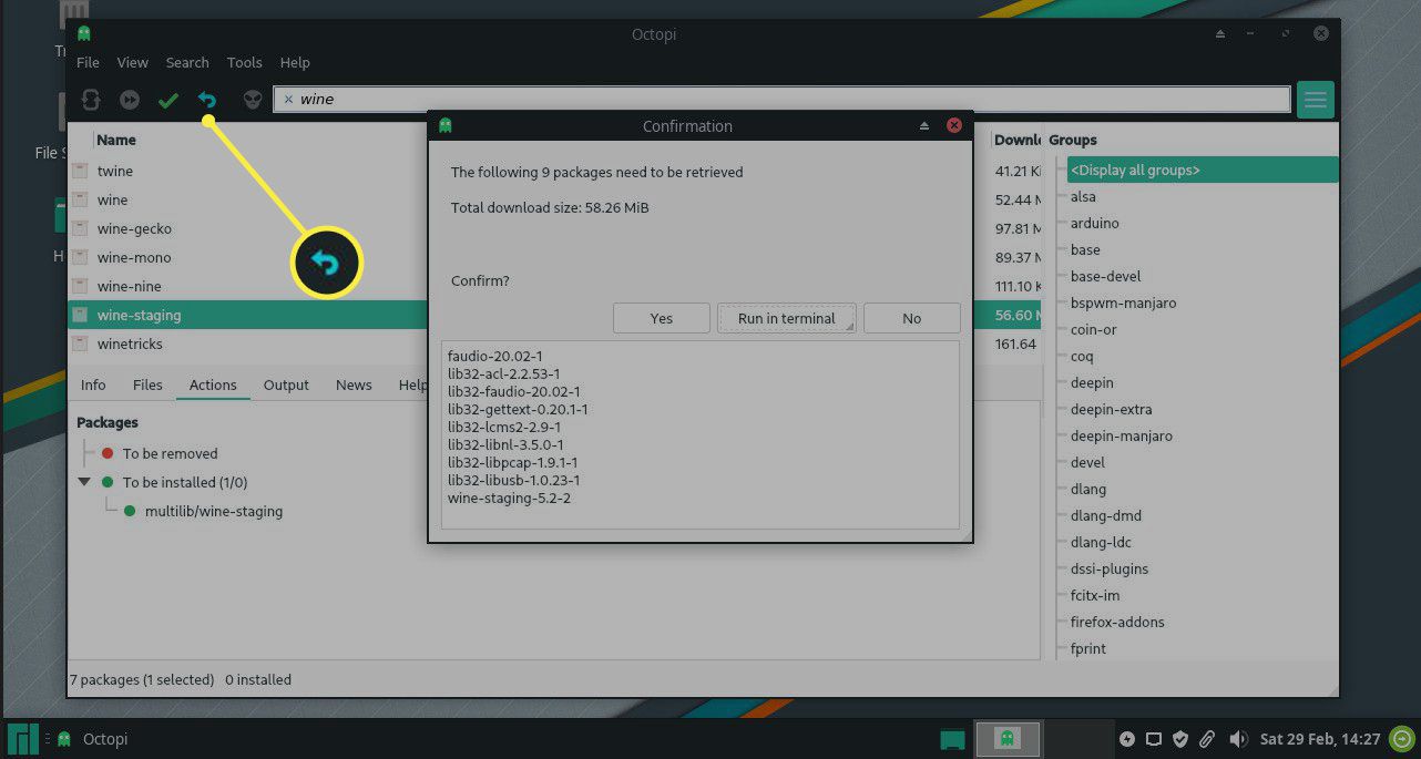 Potvrďte instalaci softwaru v Octopi na Manjaro