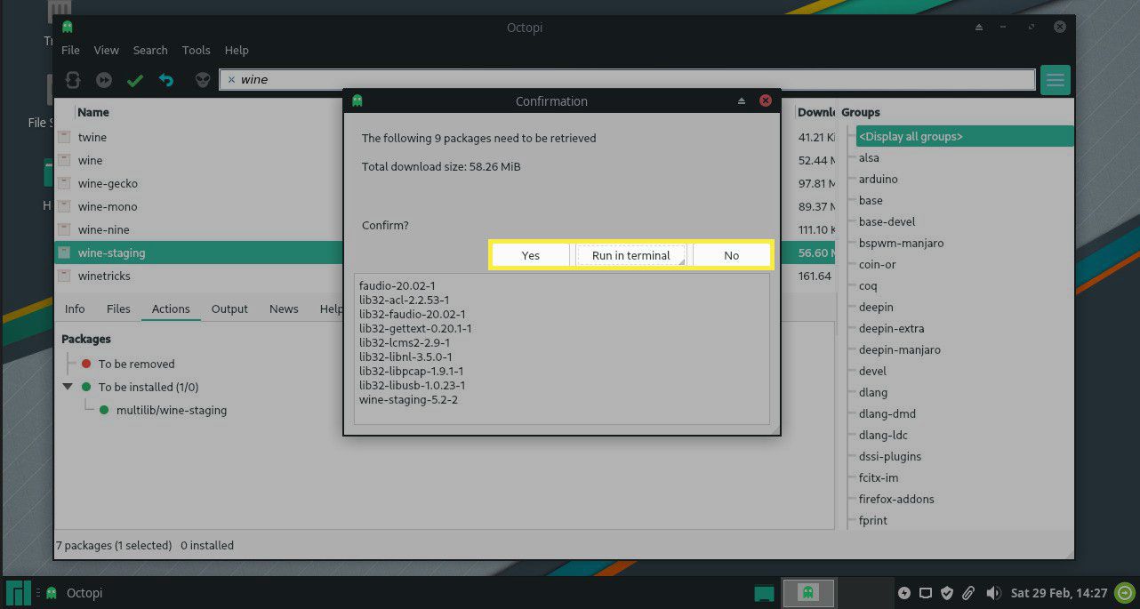 Potvrďte instalaci softwaru v Octopi na Manjaro