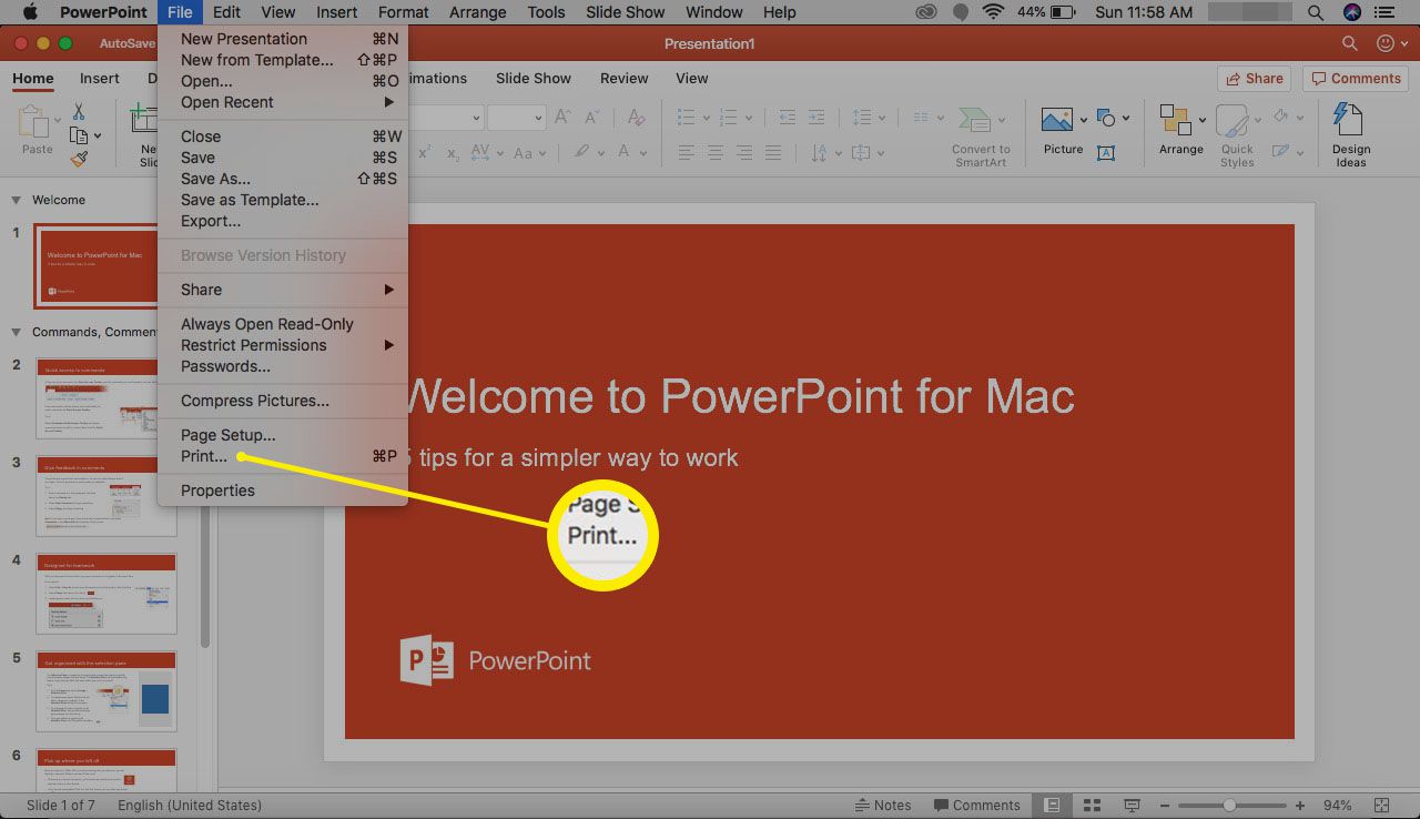 Výběr tisku v aplikaci PowerPoint pro Mac.