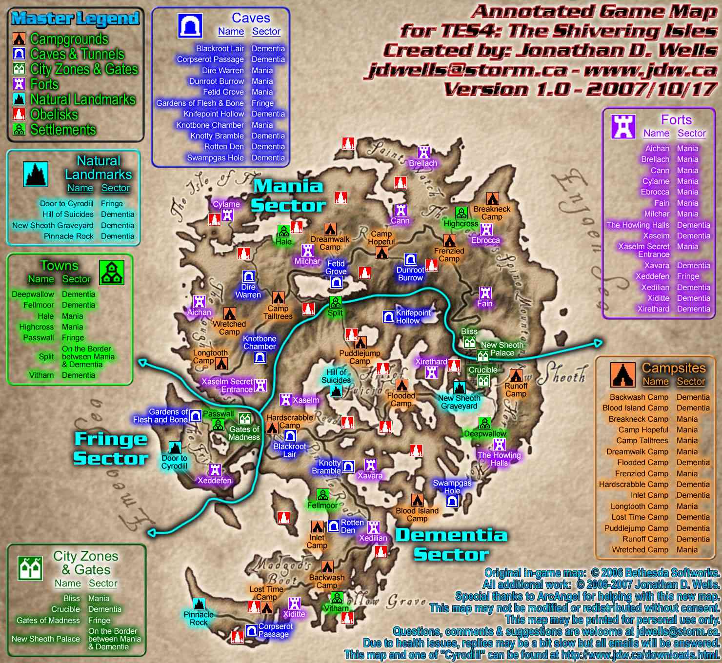 Tato anotovaná mapa Oblivion pokrývá obsah přidaný v rozšiřujícím balíčku Shivering Isles.