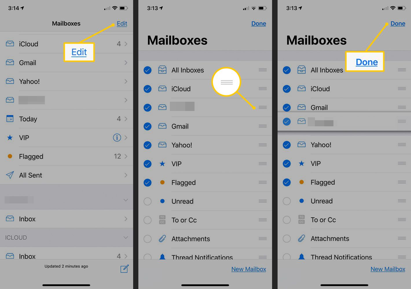 Upravit, přesunout ikonu, tlačítko Hotovo v aplikaci iOS Mail