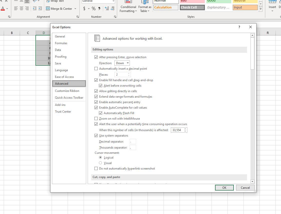 Karta Upřesnit v možnostech aplikace Excel