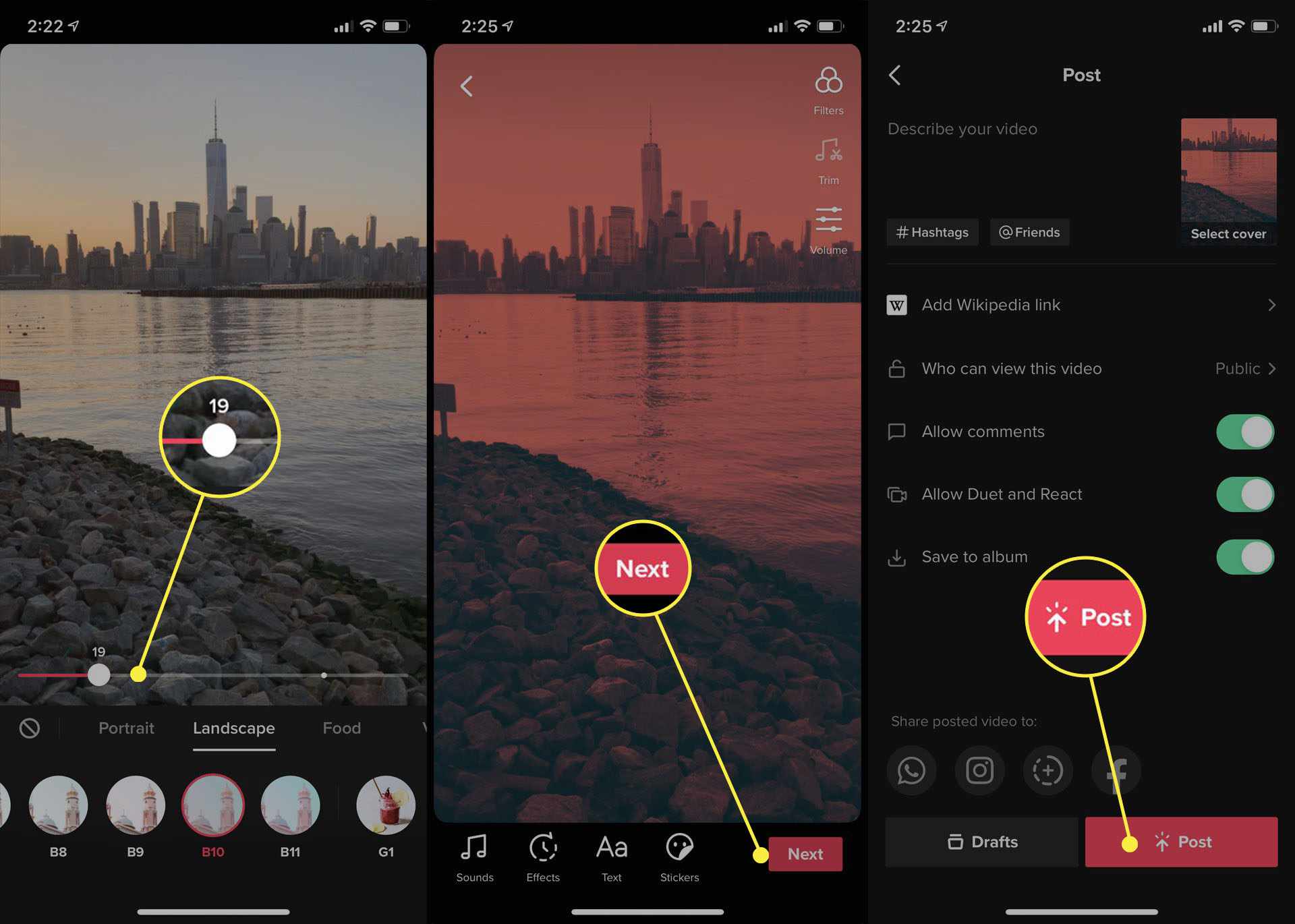 Přidávání filtrů k videím TikTok v aplikaci pro smartphone iPhone Tik Tok.