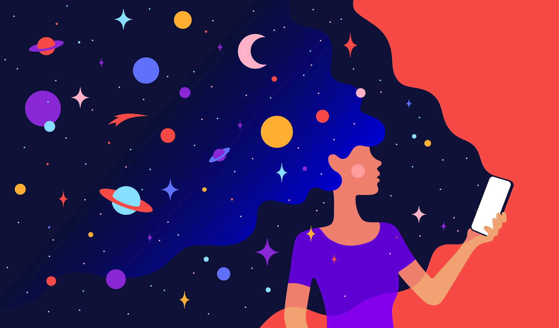 Kresba ženy držící svůj smartphone s více barvami a kresby planetárních objektů z ní vycházející.