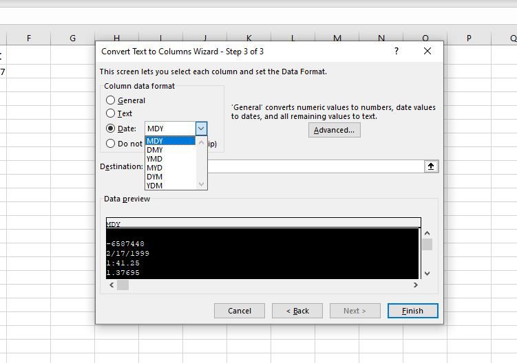 Formát data v průvodci textem na sloupce v aplikaci Excel.