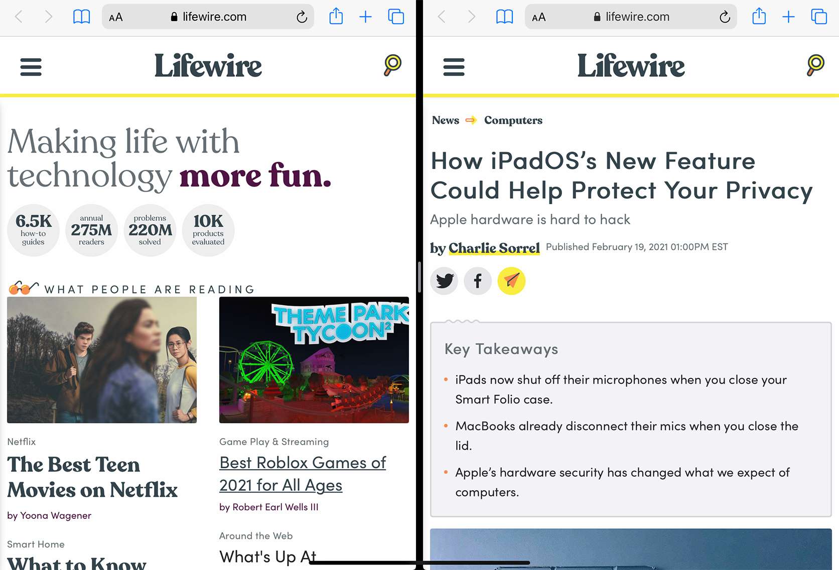 Dvě okna prohlížeče Safari ve Split View na iPadu