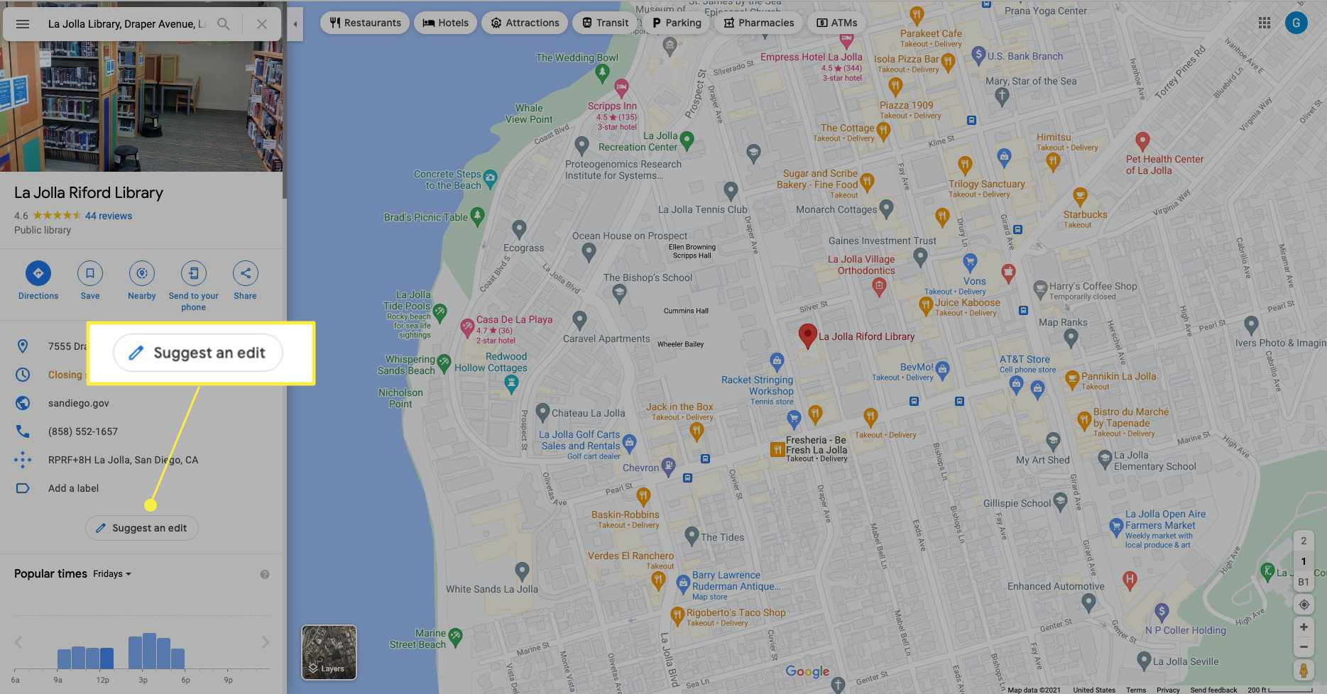 Poloha v Mapách Google se zvýrazněnou položkou Navrhnout úpravu