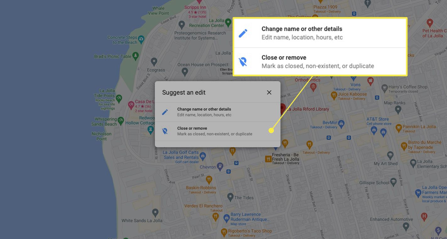Pole „Navrhnout úpravu“ v Mapách Google se zvýrazněnými možnostmi