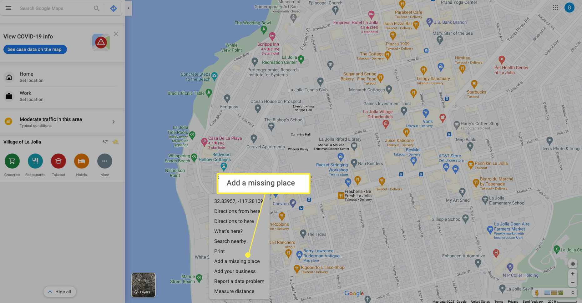 Poloha v Mapách Google se zvýrazněnou položkou Přidat chybějící místo