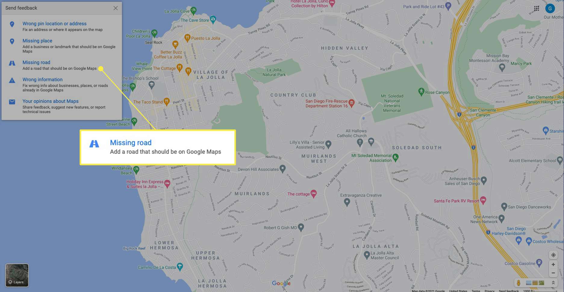 Nabídka Upravit Mapy Google se zvýrazněnou Missing Road
